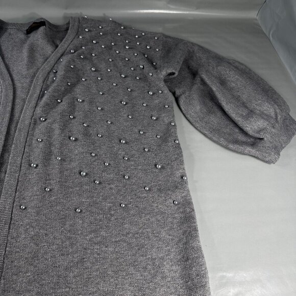 Christine Phillipe Pearl Studded Cardigan Women Sweater Balloon Sleeve Knit Grey - Picture 3 of 16